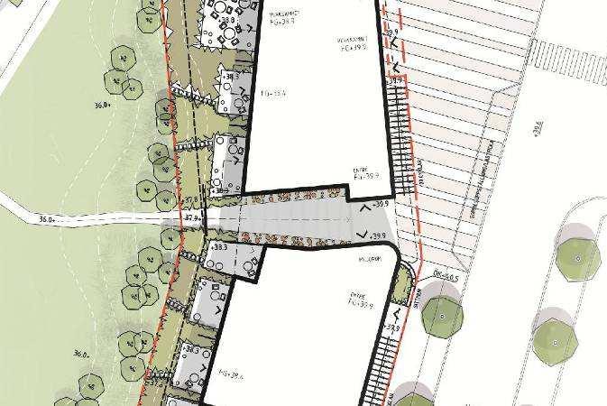 Gator och trafik plank/avskärmning mellan privata uteplatser portik cykelparkering Biltrafik Byggnaden angörs från Bredängs Allé med bostadsentréer från gatan.
