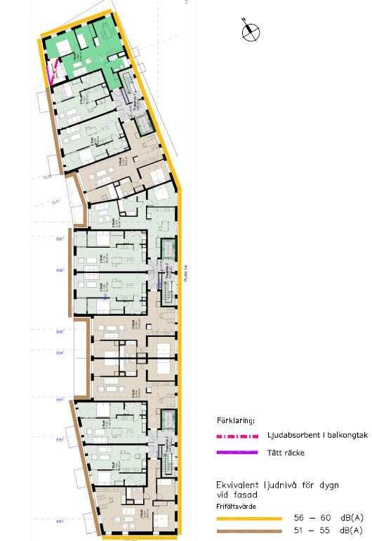 Sida 22 (24) möjligt att genom avstegsfall och med god lägenhetsplanering och tekniska lösningar, såsom täta räcken och ljudabsorbent på balkong, klara en godtagbar bullernivå. Ritning, buller.