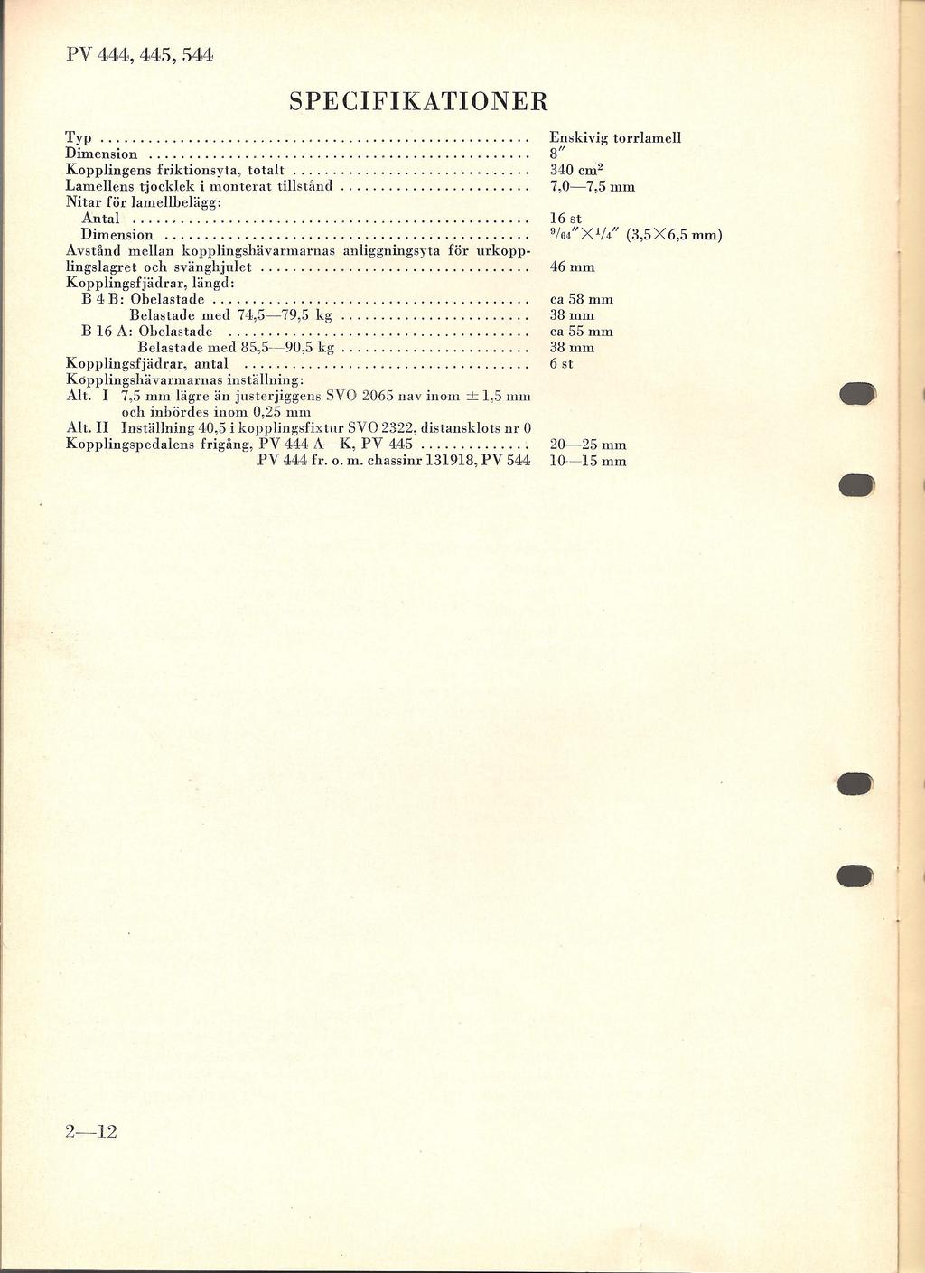 PV 444, 445,544 SPECIFIKATIONER Typ. Dimension. Kopplingens friktions yta, totalt. Lamellens tjocklek i monterat tillstånd. Nitar för lamellbelägg: Antal. Dimension. Avstånd mellan kopplingshävarmarnas anliggningsyta för urkopplingslagret och svänghjulet.