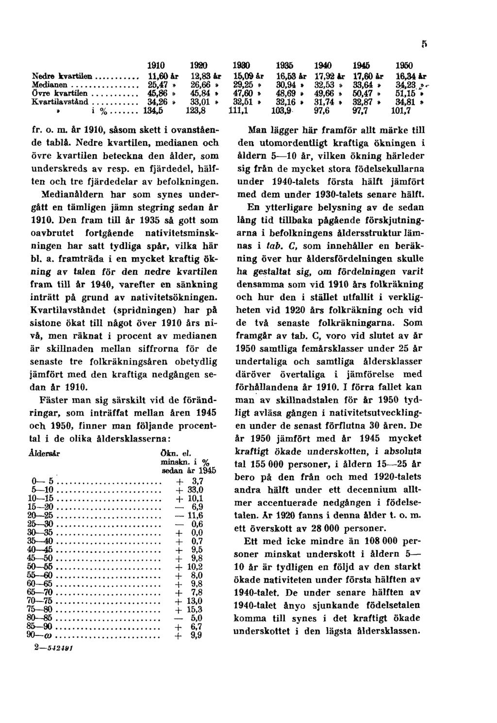 5 fr. o. m. år 1910, såsom skett i ovanstående tablå. Nedre kvartilen, medianen och övre kvartilen beteckna den ålder, som underskreds av resp.