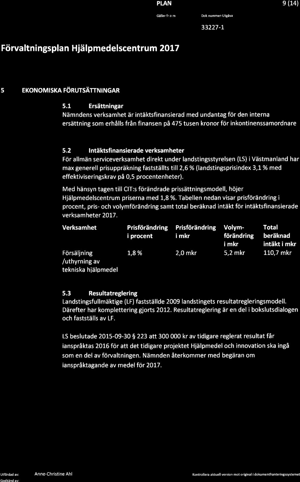 1'1 '17,:,t+lxlxru Gäller fr.o.m. Dok.nummer-Utgäva s (14) 33227-1 Förva ltni ngspla n Hjä I pmedelscent rum 2OL7 s EKoNoMTSKA rönursärrntncar 5.