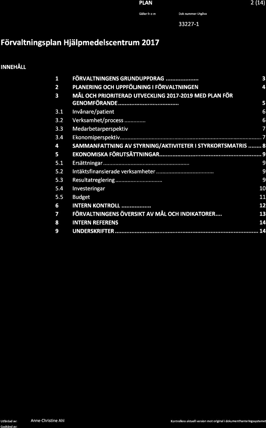 Vm+m,xru Gällerfr.o.m. Dok.nummer-L,tgåva 2 (r4l 33227-t Förva ltni ngspla n Hjä I pmedelscent rum 2OL7 INNEHALL I 2 3 3.1 3.2 3.3 3.4 4 5 