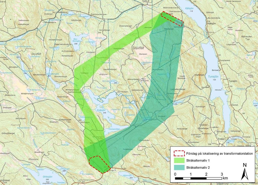 Figur 1. Översiktskarta med föreslagna stråk för planerad 130 kv ledningen Knäsjöberget/Sörlidberget-Källsjön för vilka samråd hölls under mars-april 2016. 1.2 Tillstånd För att få bygga och använda en kraftledning krävs tillstånd, sk.