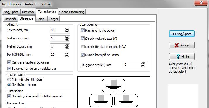 Fyll i följande: Textbredd, mm: 85 Indragning, mm: 42 Bild 13 Inställningar Antavla Grafisk Utseende 1 Mellan boxar, mm: 1. Detta värde bör vara minst 1 mm mera än ev. skuggas storlek.