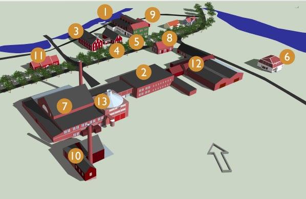 N Illustration: Signe Carlsson Roos Karta över Pukeberg: 1. Dammen och gamla sliperiet 2. Gamla hyttan 3. Klockmagasinet 4. Hantverkshuset 5. Stora sliperiet 6. Fru Böhlmarks villa 7. Konserthyttan 8.