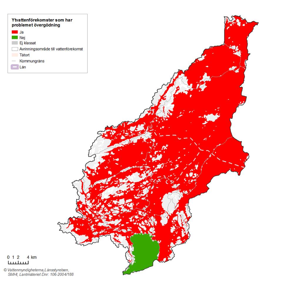 Figur 6. Vattenförekomster som har miljöproblemet övergödning. 2.1.