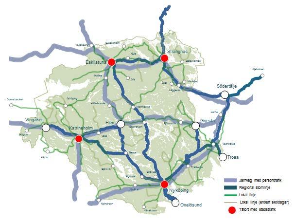 Regional busstrafik Busslinjenätet i Sörmland utgörs av landsbygdstrafik och stadstrafik. Stadstrafik finns i Eskilstunas, Nyköpings, Strängnäs, Katrineholms och Flens tätorter.