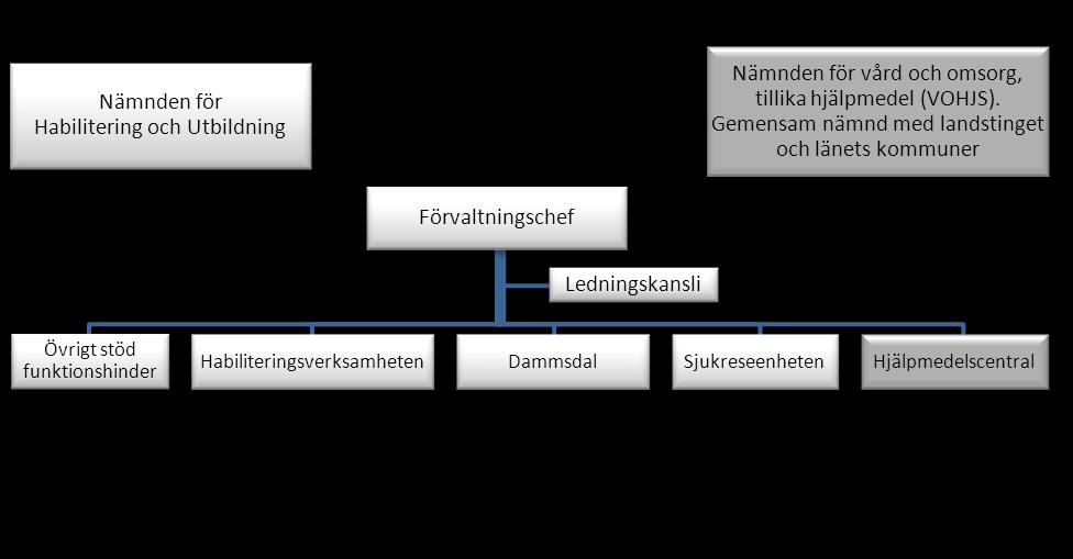 Organisation Hjälpmedelscentralen sorterar, som figuren ovan visar, under nämnden för vård, omsorg, tillika hjälpmedel.