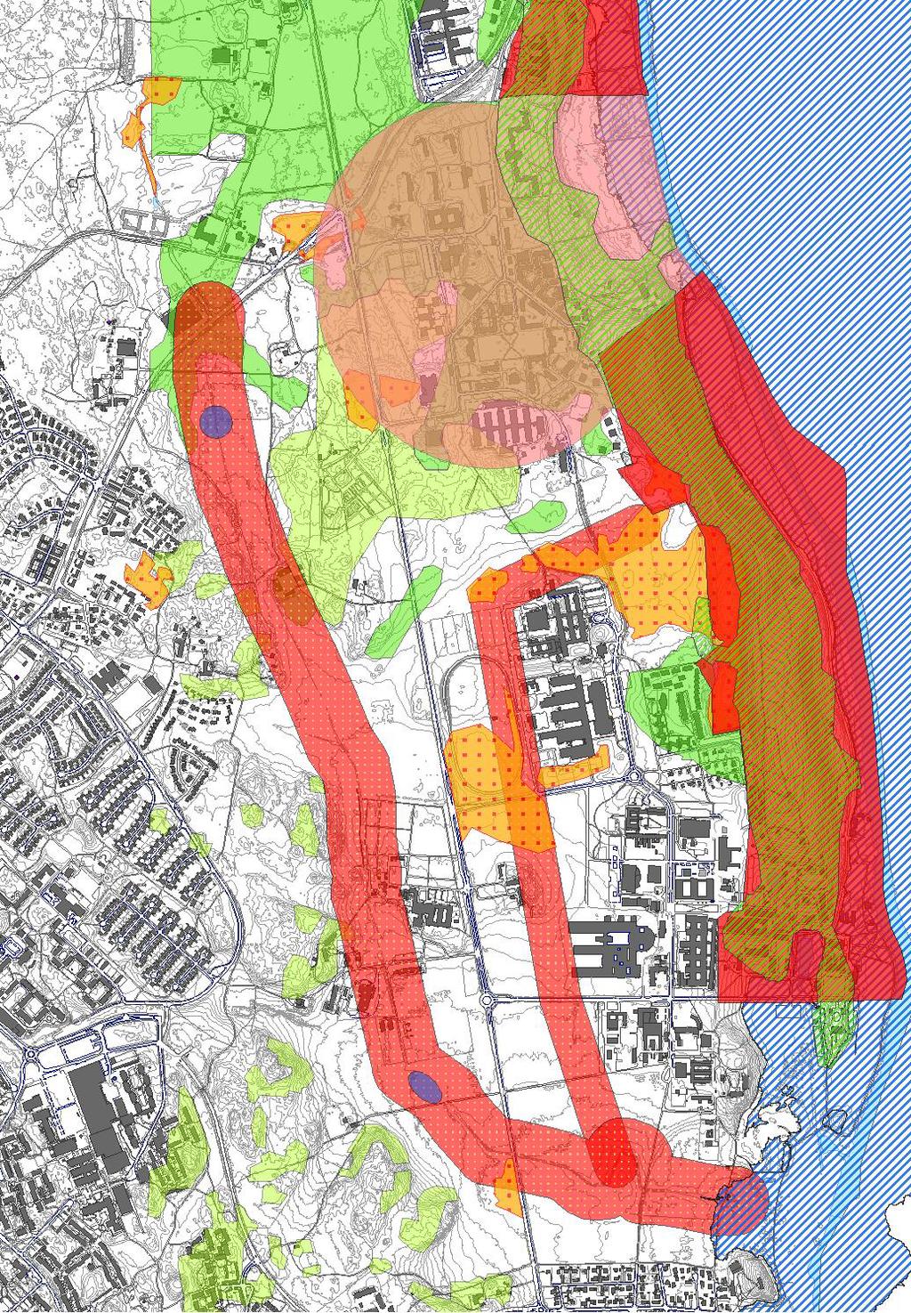 BILAGA 7: VATTEN Dag Hammarskjöldsstråket Förutsättningar för dagvattenhantering Vattenskyddsområde, inre zon Likställt med inre vattenskyddszon Fyrisåns högsta beräknade nivå Instängda områden