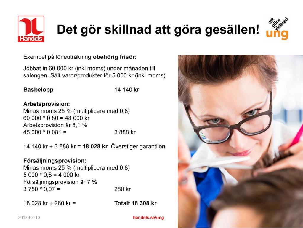 Den här bilden visar ett exempel på en löneuträkning för en obehörig frisör som arbetat in 60 000 kr (inklusive moms) under den aktuella månaden till salongen/arbetsgivaren.