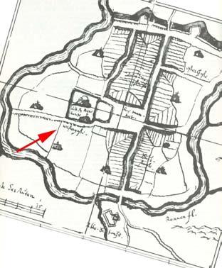 Fig. 4. Johannes Mejers karta från omkring 1650 med Westregaten markerad. Lägg även märke till kyrkogårdens två byggnader, varav den södra sannolikt är ett provisorium (ur Anglert 1983, s 30).
