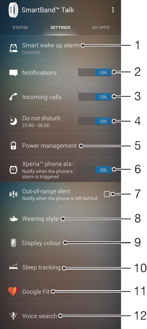 SmartBand Talk-inställningar Använda SmartBand Talk-appen Du kan visa och ändra inställningar för SmartBand Talk via SmartBand Talk-appen på Android -enheten.