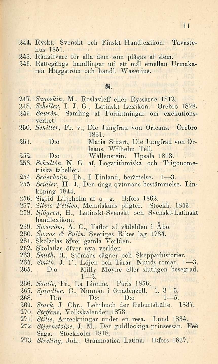 11 244. Ryskt, Svenskt och Finskt Handlexikon. Tavastehus 1851. 245. Rådgifvare för alla dem som plågas af slem. 246. Rättegångs handlingar uti ett mål emellan Urmakaren Häggström och handl. Wasenius.