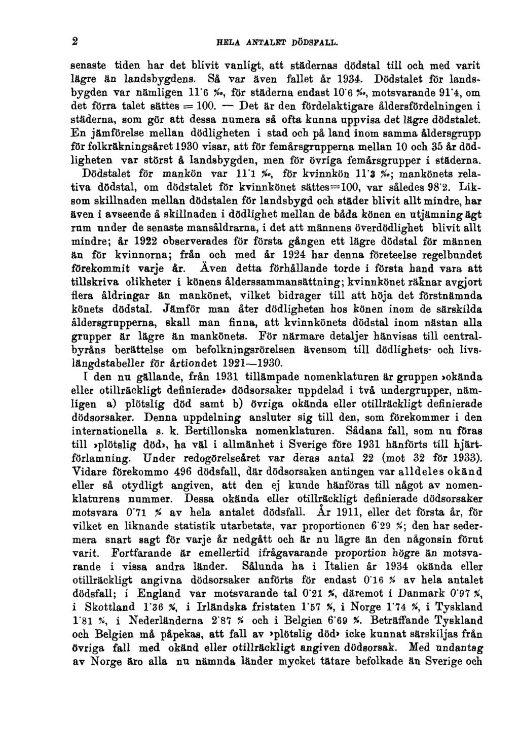 2 HELA ANTALET DÖDSFALL. senaste tiden har det blivit vanligt, att städernas dödstal till och med varit lägre än landsbygdens. Så var även fallet år 1934. Dödstalet för landsbygden var nämligen 11.