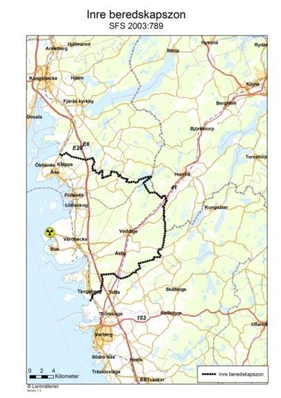 11(51) 2.5. Inre beredskapszon och indikeringszon Kring varje svenskt kärnkraftverk finns förberedda zoner som definieras i förordning (2003:789) om skydd mot olyckor (FSO).