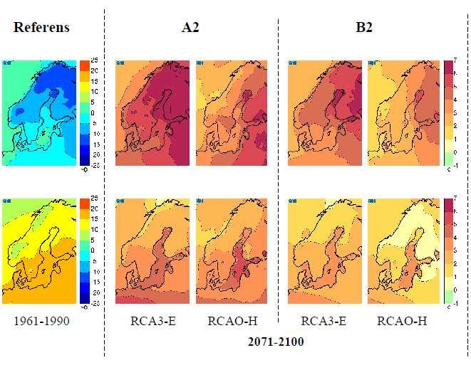 Både under våren och under hösten kommer ökningen av medeltemperaturen att vara större än under sommaren. Temperaturökningen under våren är tydligast i mellersta Sverige, särskilt längs ostkusten.