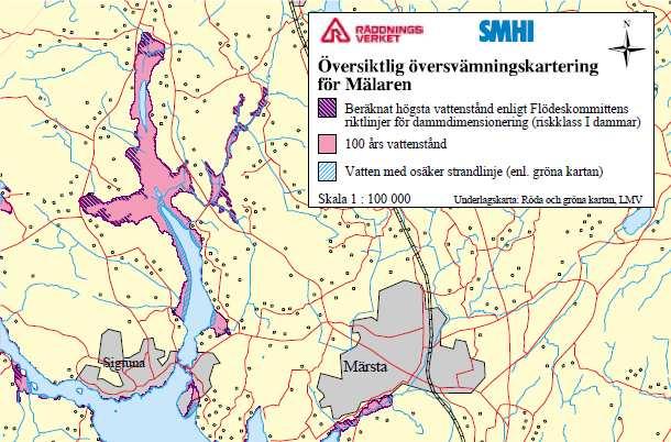 Figur 2.9. Exempel på översiktlig översvämningskartering av Mälaren (Källa: www.msb.se) I kombination med SMHI:s flödesklimatscenarier, se figur 2.