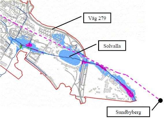 Figur 5.10. Beräknad maximal översvämningsutbredning vid regn med 1 års återkomsttid och medelvattennivå (grön), 100-årsnivå (grön+rosa) och 10000-årsnivå (grön+rosa+blå) i Mälaren.