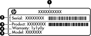 Etiketter På etiketterna som sitter på datorn finns information som du kan behöva när du felsöker systemet eller reser utomlands med datorn: Serienummeretikett Innehåller viktig information: