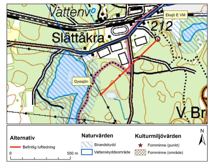 4.3 Naturmiljö Norr om fotbollsplanerna, ca 200 meter från ledningen, finns Ränneslätts Vattenskyddsområde. Ledningen är också i sin helhet utanför strandskyddsområdet för Gysjön.