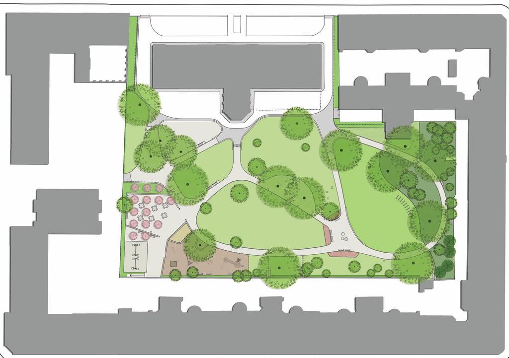 Förslag till förnyelse - illustrationsplan Norrtullsgatan Förslaget i korthet Lekplats med tema trädgård & ekologi Fruktlund med odlingsmöjligheter Möbler som ger trädgårdskänsla Flexibla sittplatser