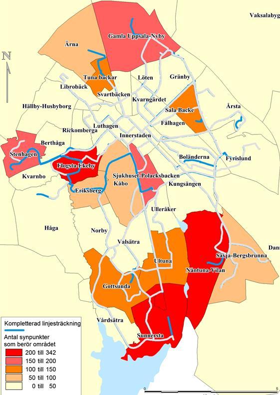 Bilaga KTN 2016 57 13 (37) synpunkter som berör varje stadsdel. Röda stadsdelar indikerar ett stort antal synpunkter och gula indikerar färre eller inga synpunkter.