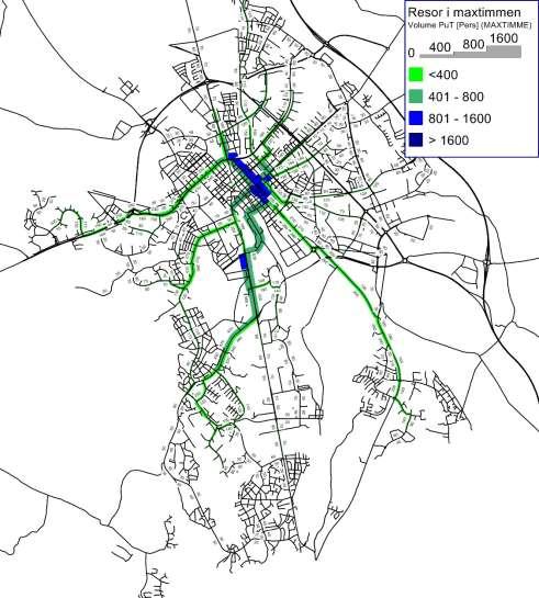 7 Bilaga KTN 2016 57 I Figur 2-3 visas resandet per länk i maxtimmen och som synes i kartbilden nedan är det kring Kungsgatan i centrum som resandebelastningen är som högst.