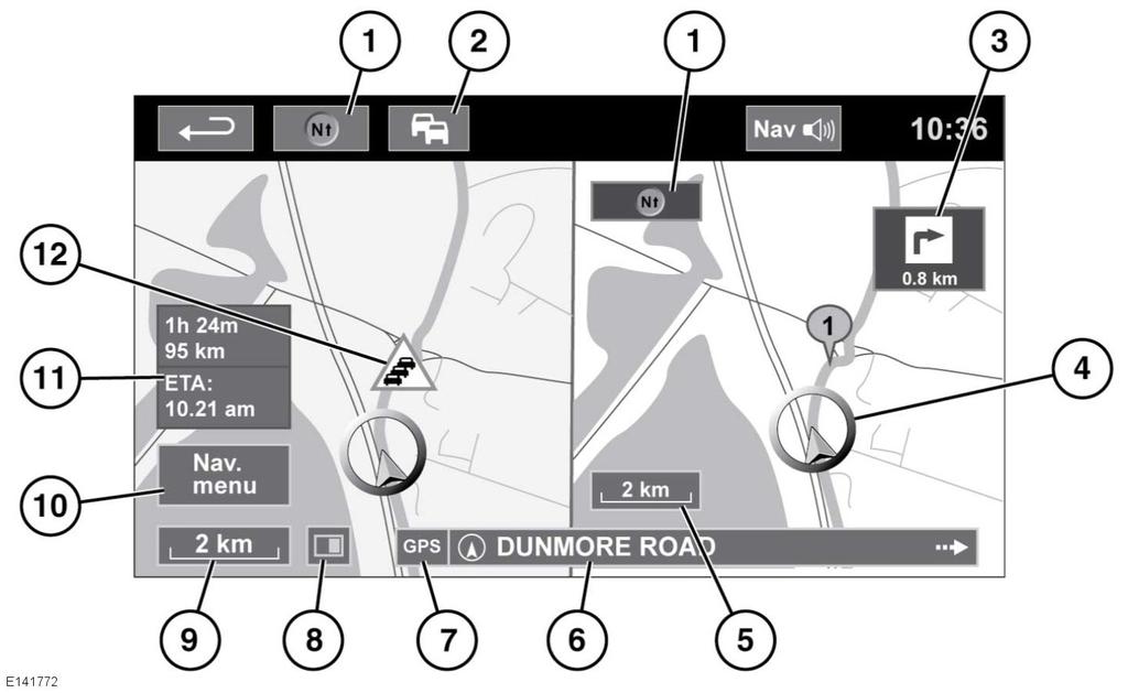 Navigationssystem DELAD KARTSKÄRM 1. Kompass (visar alltid norr). Tryck för att välja norr uppåt, riktning uppåt eller fågelperspektiv på kartan. 2. TMC (Trafikmeddelandekanal)-signal.