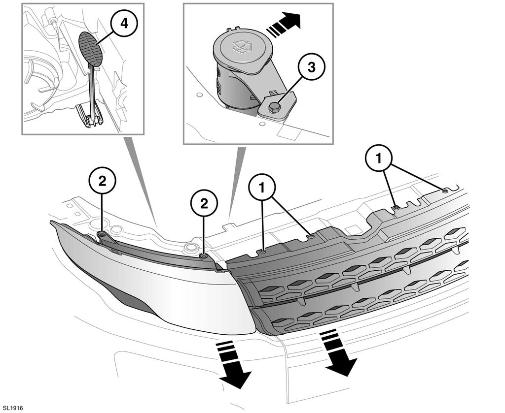 Underhåll Flytta den högra strålkastarenheten för att komma åt glödlamporna; 1. Ta bort de fyra grillfästena. 2. Ta bort de två fästbultarna. 3.