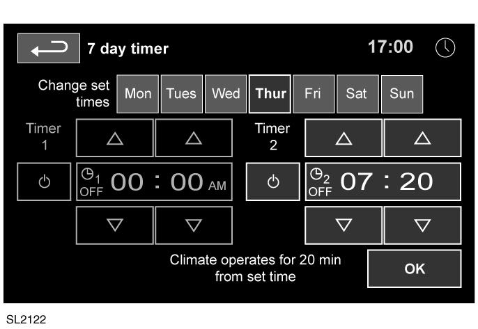 Värme och ventilation STÄLLA IN EN TID FÖR TIDSINSTÄLLD KLIMATKONTROLL Via pekskärmen; Pekskärmen kan användas till att antingen förinställa aktiveringstider eller reglera systemet manuellt.