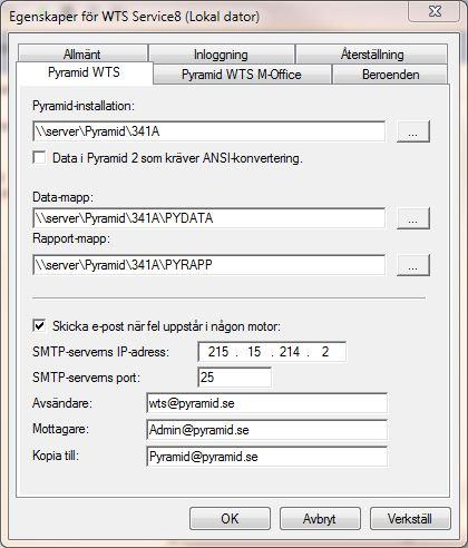 I tjänstehanteraren finns nu en WTS-tjänst med två extra flikar i egenskapsdialogen. Första fliken, Pyramid WTS, visar en del av de inställningar som gjorts under installation.