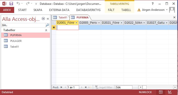 ARBETA VIDARE I MICROSOFT ACCESS Nu är tabellerna från Pyramid importerat/länkade till Access.