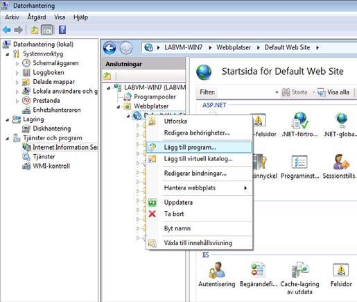 Nu ska webbapplikationen elinews skapas. Högerklicka på Default Web Site och välj Lägg till program. Fyll i elinews i alias och ange sökvägen till %SystemDrive%\inetpub\wwwroot\elinews.