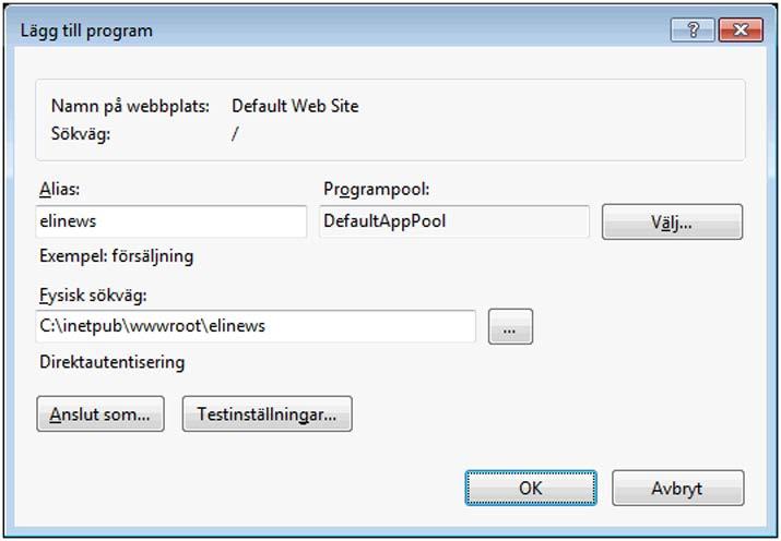 Installationsprogrammet WebServiceSetup.exe ligger i SETUP under Pyramidkatalogen. Fyll i dialogen så att den har nedanstående värden för IIS-konfiguration och WTS-koppling.