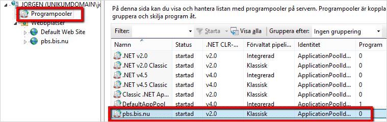 Kontrollera vilken programpool som används. Obs!