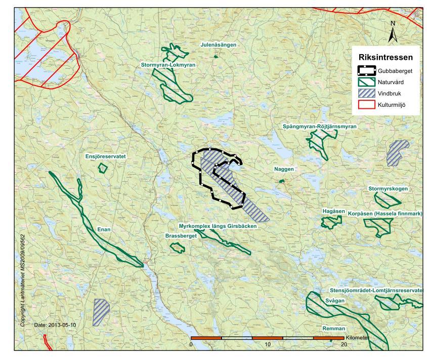 8H50122.122.125 Figur 11: Riksintressen inom ca 20 km från projektområdet 5.4.1 Vindbruk Projektområdet Gubbaberget är delvis utpekat som riksintresse för vindkraft och energiproduktion. 5.4.2 Naturvård Inga områden av riksintresse för naturvård är belägna inom projektområdet.