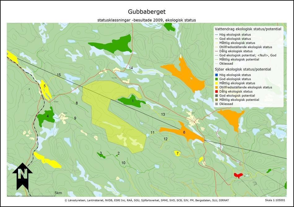 8H50122.122.125 Figur 25: Ekologiska statusklassningar för vatten. Sjön Lillnaggen (nr 1 i kartan) som ligger närmast projektområdet har god ekologisk status.