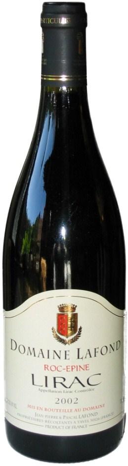 Dom. Lafond Rock-Epine Lirac Lirac rouge 2005 65 % Grenache, 30% Syrah och 5% Mourvèdre. med under 14-20 dagar. Efter pressningen lagras vinet under 3-4 månader i nya ekfat.