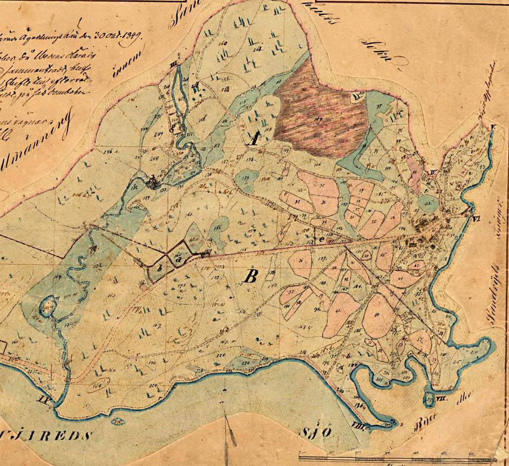 Figur 3. Inägorna till Sandared 1852. Kartan är betydligt noggrannare ritad än kartan från 1646. Skolornas nuvarande läge är markerat med pil. Alla gröna ytor är slåtterängar för insamling av hö.