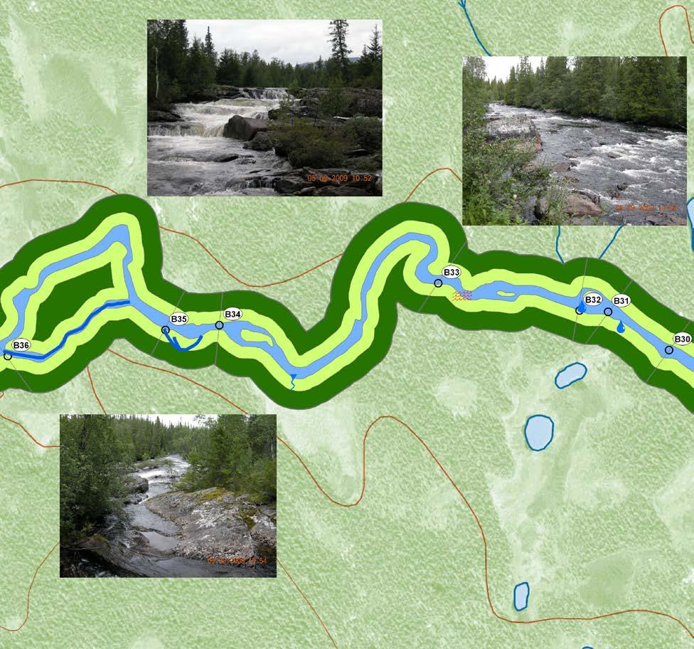 Avdelning B30-B35 Karta 12. Översiktskara över avdelningarna B30-B35 i Marsån. Avdelning B30 7213231/1491869-7213294/1491768 Avdelningen består nästan uteslutande av fors.