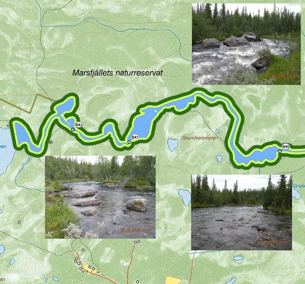 Avdelning B40-B42 Karta 14. Översikt över avdelningarna B40-B42 i Marsån, Avdelning B40 7213797/1489045-7213883/1487661 Avdelningen är ett sel där medelbredden är 60 meter.