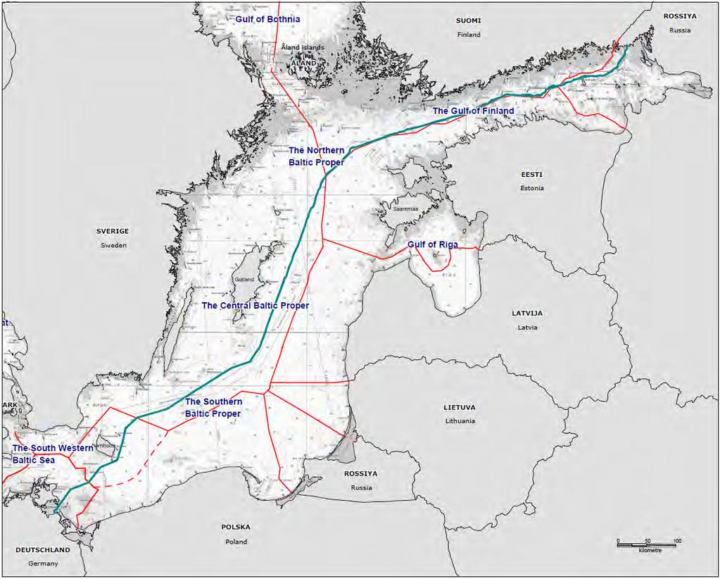10 Figur 2.2 Nord Streams rörledningssträckning genom Östersjön Den interna batymetrin delar upp Östersjön i flera underbassänger eller djup, vilka skiljs åt genom grunda områden (Figur 2.2).