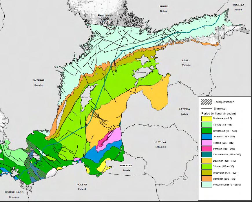 8 2 Bakgrund och nulägesbeskrivning 2.1 Östersjöns geologi 2.1.1 Geologiska förhållanden Östersjön är belägen på den så kallade eurasiska kontinentalsockeln vilket ger relativt stabila geologiska förutsättningar.