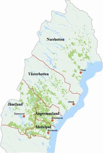 Figur 5. SCA Skogs fem skogsförvaltningar. Gränserna mellan förvaltningarna illustreras av röda linjer. De gröna skuggningarna inom kartan visar SCA Skogs skogsinnehav (SCA Skog AB, 2013). Figure 5.