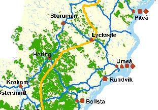 där det sedan transporteras vidare med tåg till mottagande industrier. Lycksele, Storuman och Hoting utgör terminaler som Västerbottens skogsförvaltning använder. Figur 8.