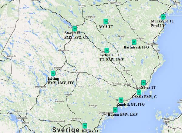 Figur 9. Mottagningsplatser som Västerbottens skogsförvaltning levererar virke till och vilka sortiment som levereras till respektive mottagning.