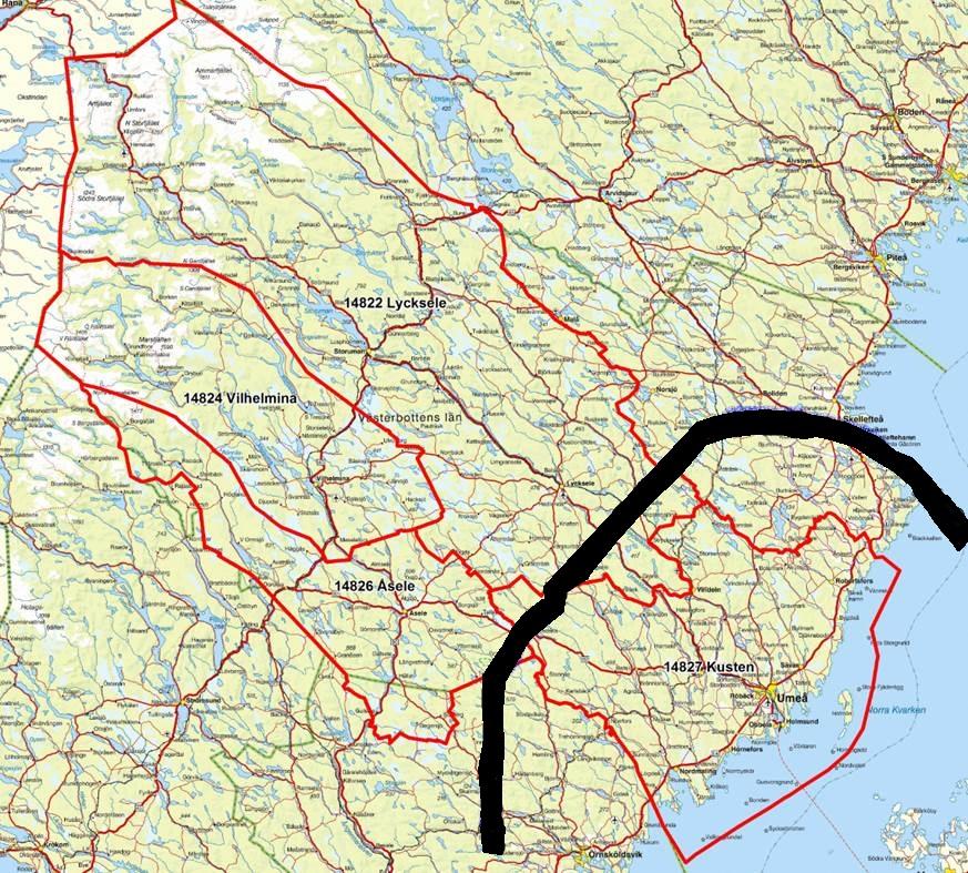 Figur 12. Geografisk indelning av kust och inland för Västerbottens skogsförvaltningsområde.