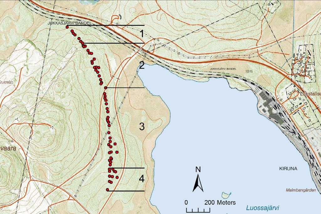 INLEDNING Under september 2012 avsattes fem dagar för en inventering av nya järnvägsskärningar strax väster om sjön Luossajärvi i Kiruna.