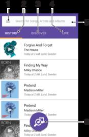 1 Tryck på för att öppna TrackID -menyn på startskärmen 2 Visa historiken för dina tidigare sökresultat 3 Utforska favoritlåtar, populära spellistor, nya låtar med mera 4 Se vad andra söker efter 5