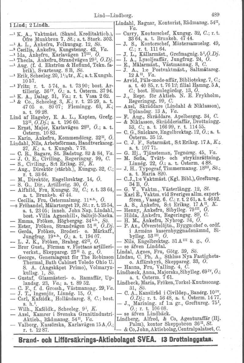 LindLindberg. 489 1 Lind; 2 Lindh. Lindahl, Ragnar, Kontorist, Rådmansg. 54 u, ~ Va. _l K._A., Vaktmäst. (Skand. Kreditaktieb.), Curry, Kontorschef, Kungsg. 32, G.; r. t. Ofre Munkbron 7. Si.; a. t. Stork.